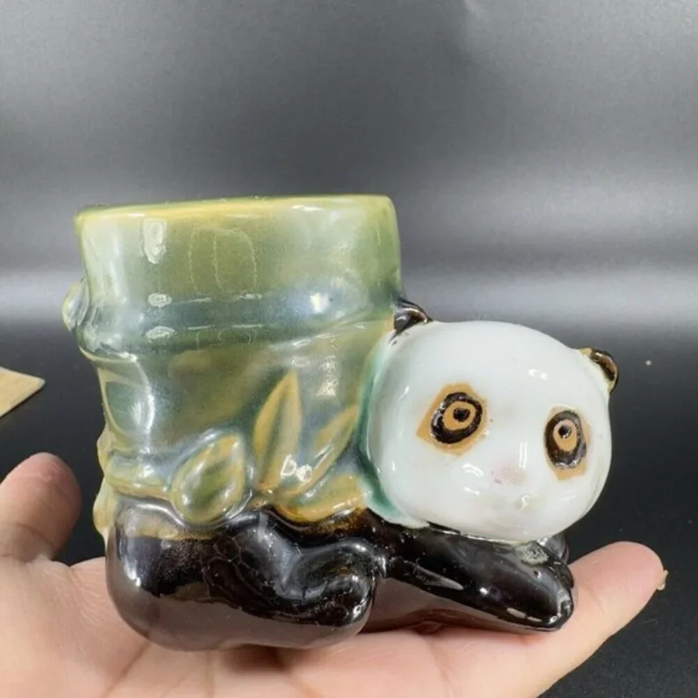 Vintage Majolica Style Ceramic Panda Bear With Bamboo Planter Small Vase Pottery